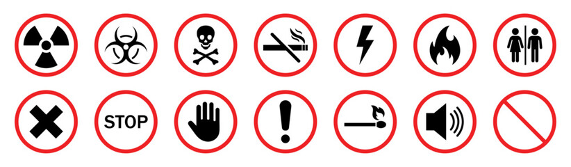 Warning and danger signs collection. Set of hazard warning signs symbols. Toxic biohazard waste forbid pictograph set isolated. Vector illustration.