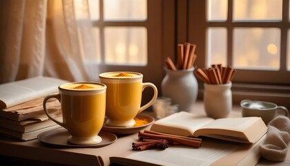 Cozy window scene with steaming turmeric lattes, open books & cinnamon sticks bathed in soft light. Perfect autumn relaxation with warm beverages, comfort & peaceful reading vibes