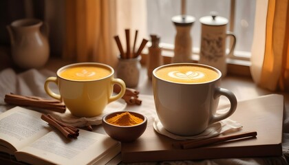 Cozy window scene with steaming turmeric lattes, open books & cinnamon sticks bathed in soft light. Perfect autumn relaxation with warm beverages, comfort & peaceful reading vibes