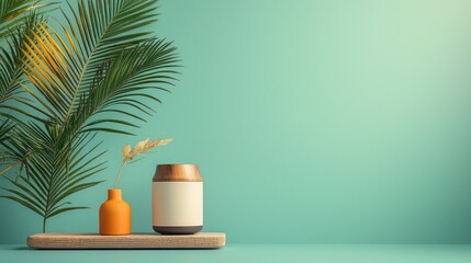 Minimalist display with tropical plants and decorative vases