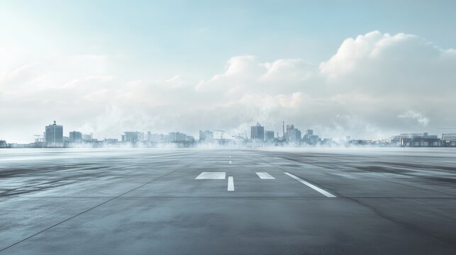 Tarmac photo with city background, clear city details, clean sky, realistic style, octane rendering, high resolution, high details, vibrant colors, volumetric light, glossy texture, white floor, techn