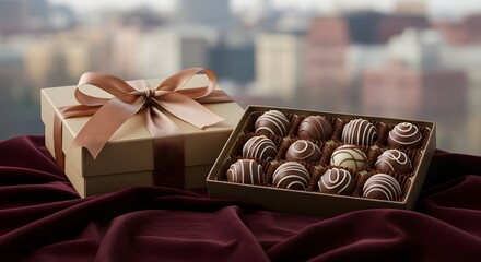 Obraz premium A box of handmade chocolate truffles tied with a satin ribbon.