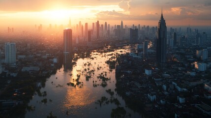 Fototapeta premium Flooded urban landscape at sunset cityscape photography water reflections aerial view environmental impact
