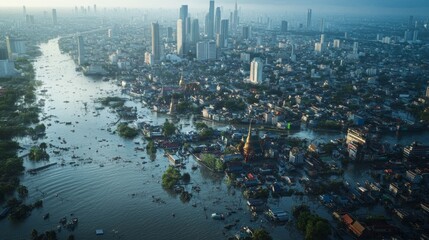 Fototapeta premium Severe flooding event in urban landscape cityscape aerial view environmental crisis dystopian atmosphere