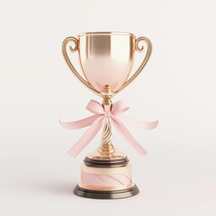 Elegant gold trophy with pink ribbon, symbolizing achievement and success, perfect for awards and celebrations.