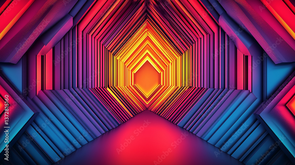 Poster Glowing hexagonal tunnel creating colorful perspective background