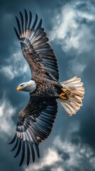 Obraz premium Bald eagle soars with american flag against cloudy sky