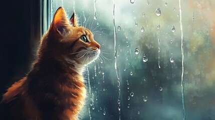 Orange tabby cat looking out window at raindrops.