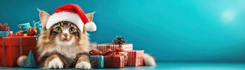 Adorable Cat in Santa Hat Surrounded by Colorful Christmas Gifts