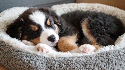 A cute puppy is sleeping soundly in its fluffy bed.