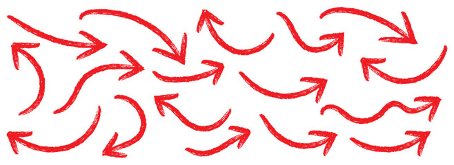 Red Hand drawn vector arrows doodle set on white background. Arrows with grunge lines. Hand drawn set of doodle arrow icons. Collection doodle marker thick arrows in different directions. Curved 