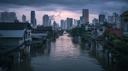 Fototapeta premium Severe flooding affects urban landscape in bangkok thailand aerial view environmental impact urban setting
