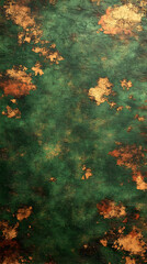 A green textured surface is interspersed with patches of bronze creating a weathered appearance Aged and patinated it