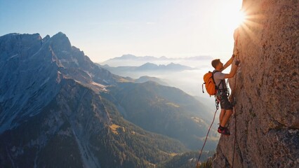 Obraz premium A person climbs up the rocky side of a mountain