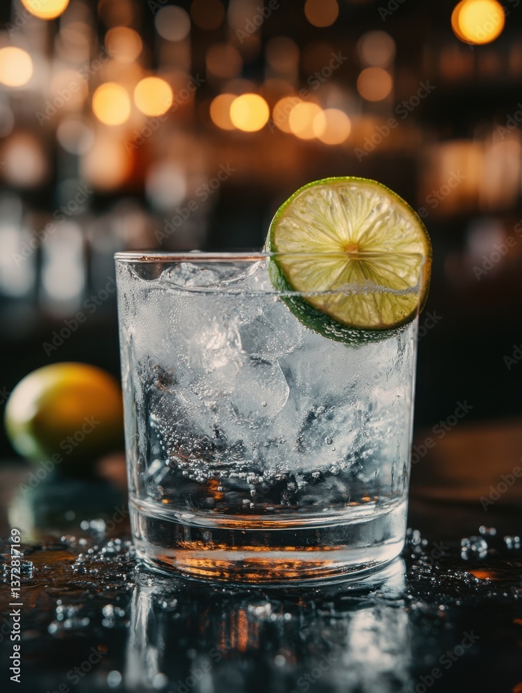 Poster refreshing gin and tonic cocktail with lime slice on a bar top with ice cubes and bokeh lights creat