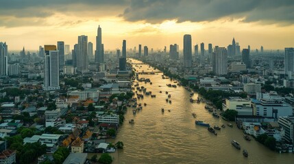 Fototapeta premium Sunset reflections on the chao phraya river bangkok aerial view urban landscape serenity amidst city life
