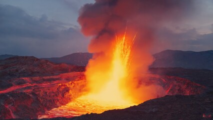 A large column of molten lava rises into the air, emitting steam and ash