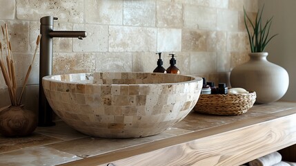 Elegant travertine sink with modern faucet in a serene bathroom  