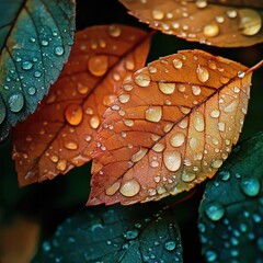 Detailed Close-Up of Orange and Green Leaves Adorned with Water Drops