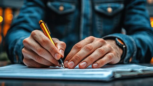 Precision in Progress: A close-up shot showcasing a person meticulously signing a document with a pen, capturing the essence of paperwork, commitment, and detailed execution.