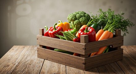 Freshly harvested colorful vegetables displayed in a rustic wooden crate conveying a sense of abundance and healthiness against a blurred neutral background