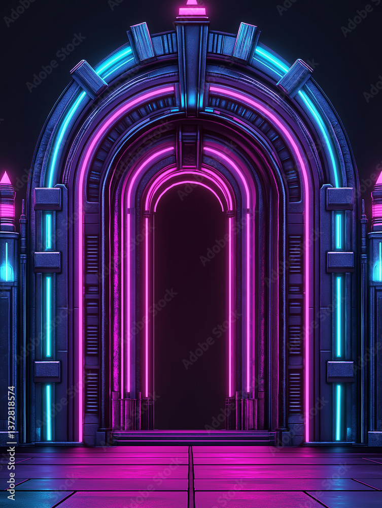 Poster futuristic neon gate illuminating dark background in cyberpunk style