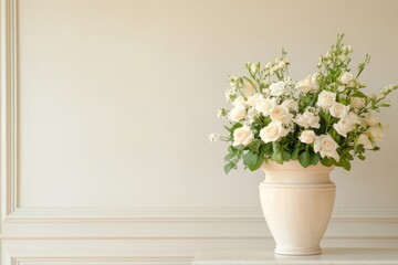 A Closed Coffin at a Funeral Service with Floral Arrangements