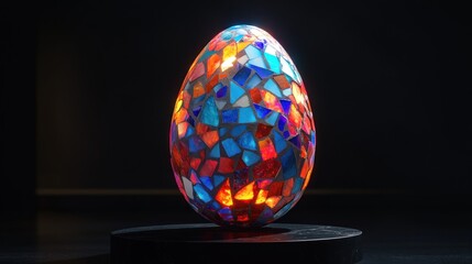 Illuminated Mosaic Egg Art Piece with Vibrant Colors on Dark Background