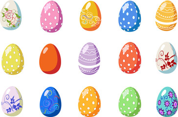 Easter eggs with decor in a set.Vector collection of colorful Easter eggs with ornaments and polka dots.
