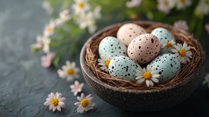 Obraz premium Colorful Easter eggs in nest on bowl with spring flowers isolated grey background copy space