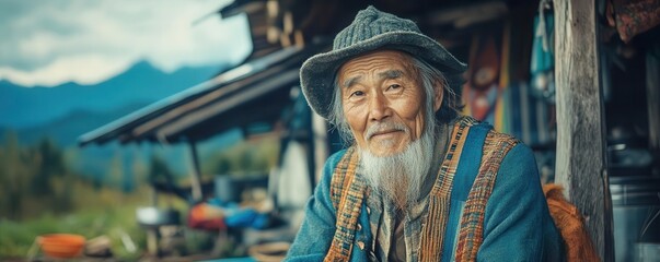 Wise Elder with Beard and Hat in Rustic Outdoor Setting