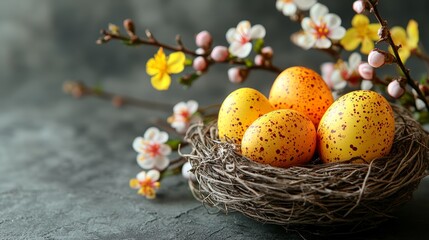 Colorful Easter eggs in nest within bowl surrounded by spring flowers isolated grey background copy space