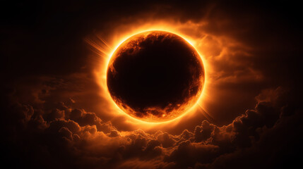 Total solar eclipse creating diamond ring effect in cloudy sky