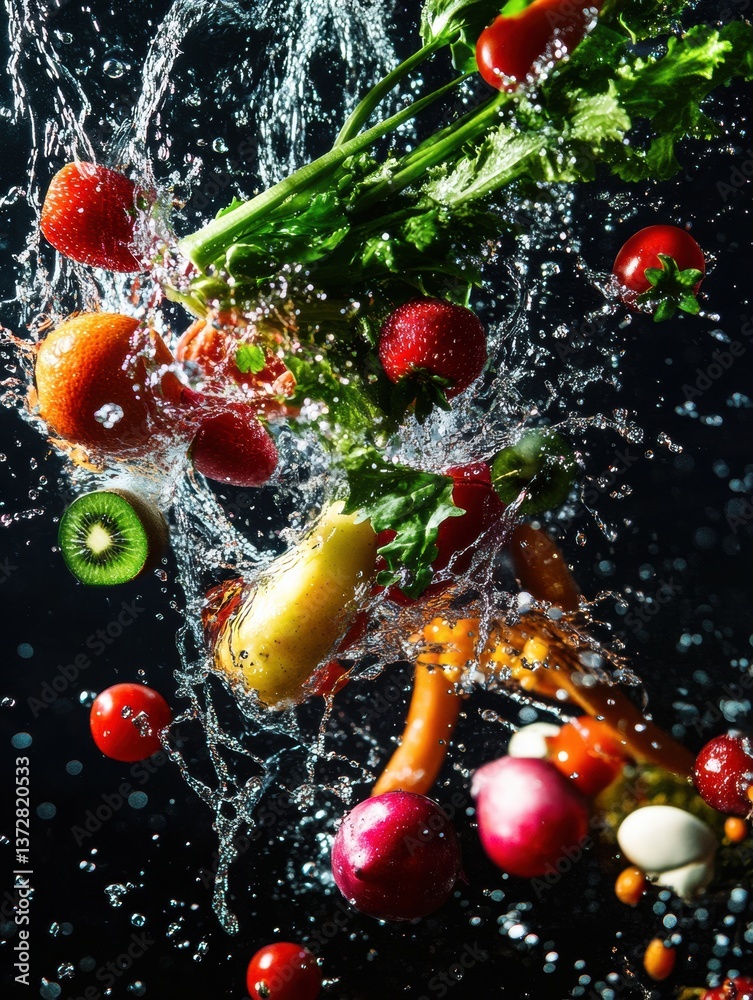 Aufkleber Vibrant splash of fresh vegetables and fruits with suspended water droplets in an intense color display