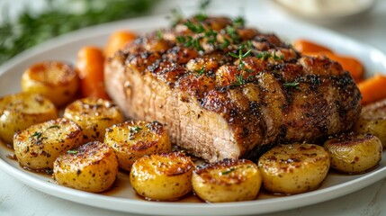 Delicious Roasted Baby Potatoes and Carrots with Sliced Pork Tenderloin