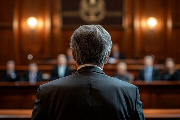 A man in a suit stands facing a courtroom of officials and observers in a formal legal setting.