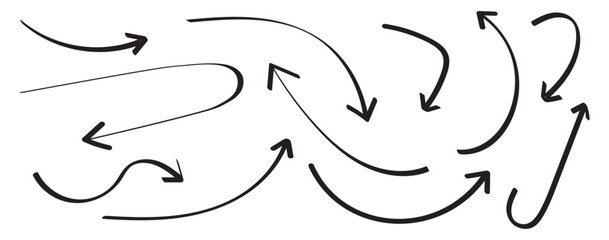 Set of Hand drawn vector arrows doodle on white background. Set of black hand drawn arrow element vector. Collection of doodle arrows, lines, symbol, pointing mark, shapes on white background. 