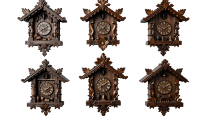 Wooden cuckoo clocks with rustic designs and intricate carvings traditional decor