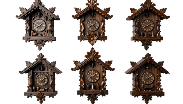 Wooden cuckoo clocks with rustic designs and intricate carvings traditional decor