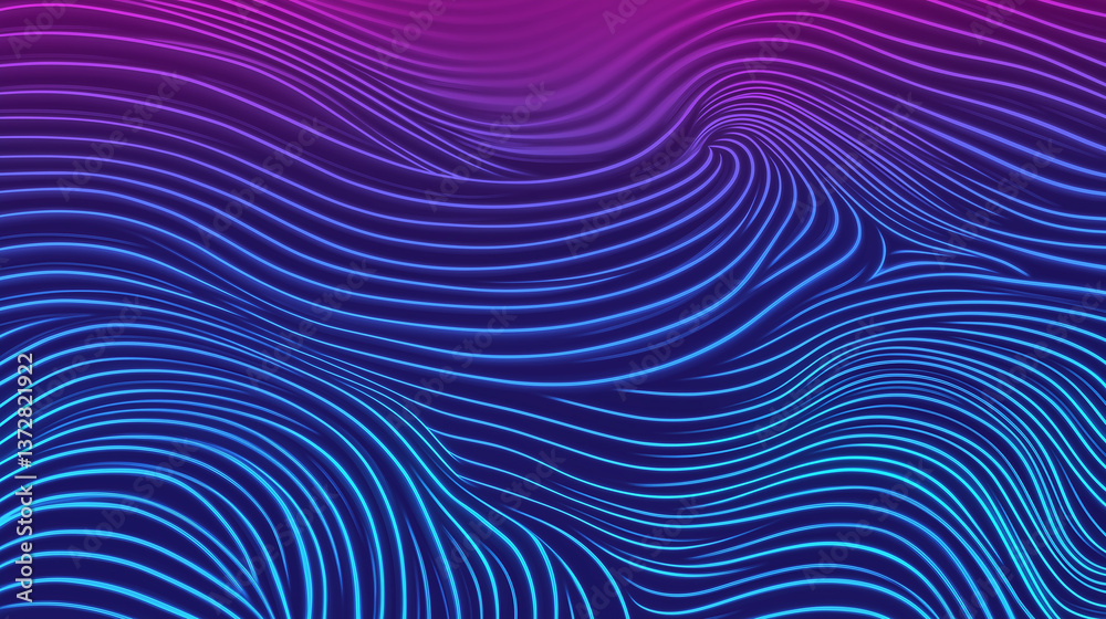 Poster neon glowing blue and purple wavy lines creating a futuristic abstract background