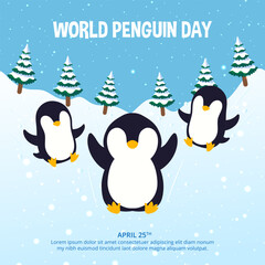 World Penguin Day design with penguins ice sliding on snow