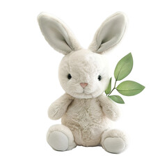 Obraz premium White plush bunny toy with green leaf detail – soft Easter decoration on a transparent background