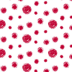 Abstract geometric seamless pattern with grunge red dots and circles. Brush drawn bold circles seamless banner design. Vector grunge polka dots on transparent background. 