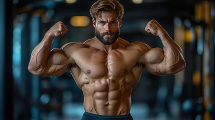 Fototapeta premium Muscular man flexing his biceps in a gym with dramatic lighting