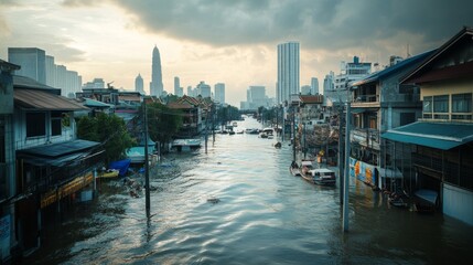Obraz premium Devastating flooding event in urban landscape cityscape aerial view climate impact