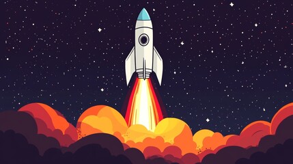 Obraz premium Simple Clean Easy Lines Minimalistic Rocket Launching Into Space White Background