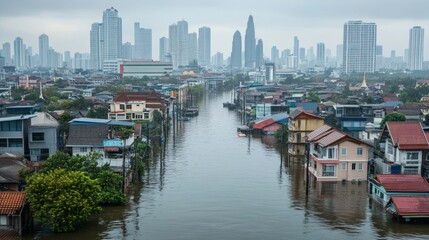 Fototapeta premium Flooding crisis in urban landscape bangkok aerial view of submerged homes and buildings natural disaster impact