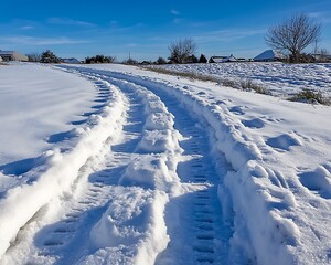 Deep tire tracks traversing a snow covered field on a clear sunny day