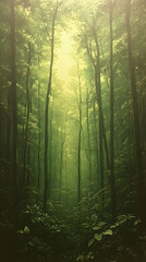 Obraz premium A lush forest scene with towering trees and dense foliage bathed in soft green and yellow light filtering through the c