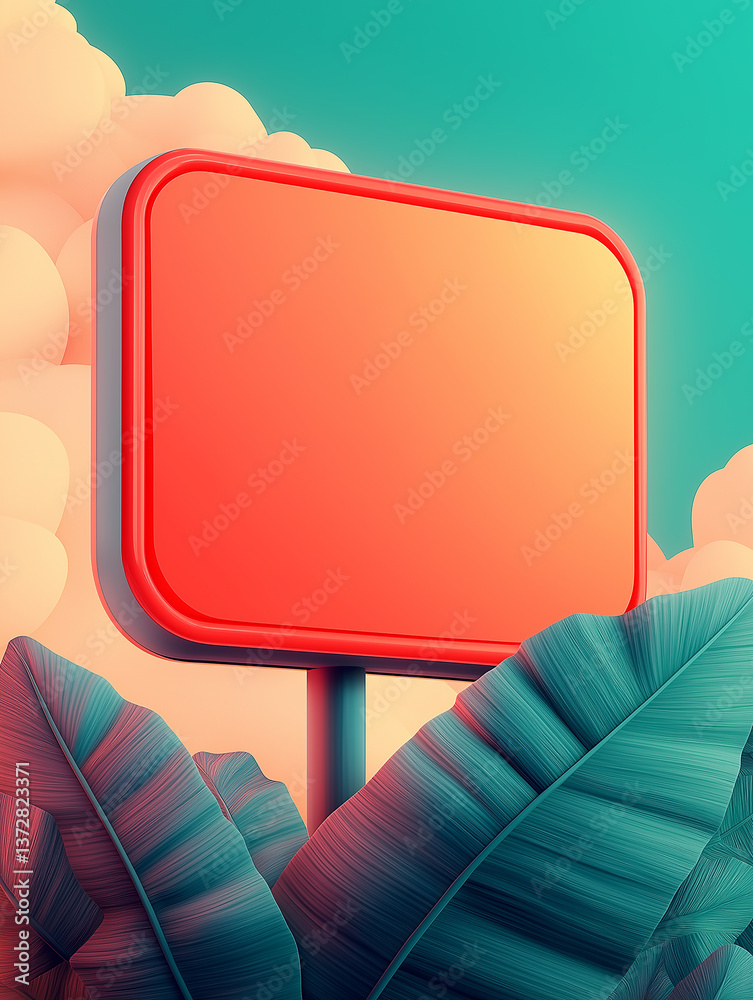 Poster empty red sign with tropical leaves and clouds in background